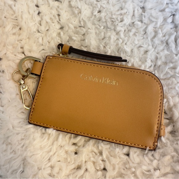 Calvin Klein Tan Card Holder with Key Clip Coin Purse Pouch with Hook - Picture 1 of 7